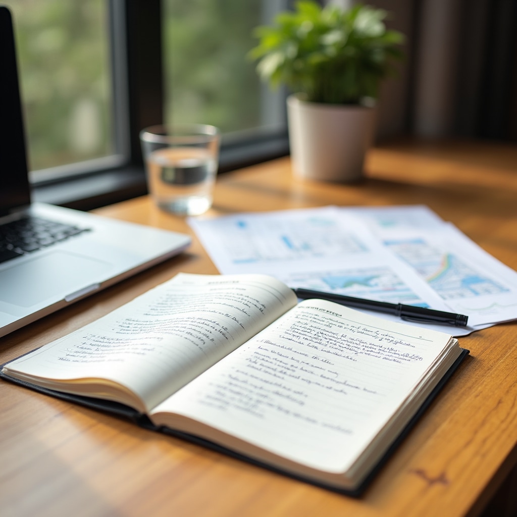 Educational course materials and notebook on a clean modern desk with soft lighting
