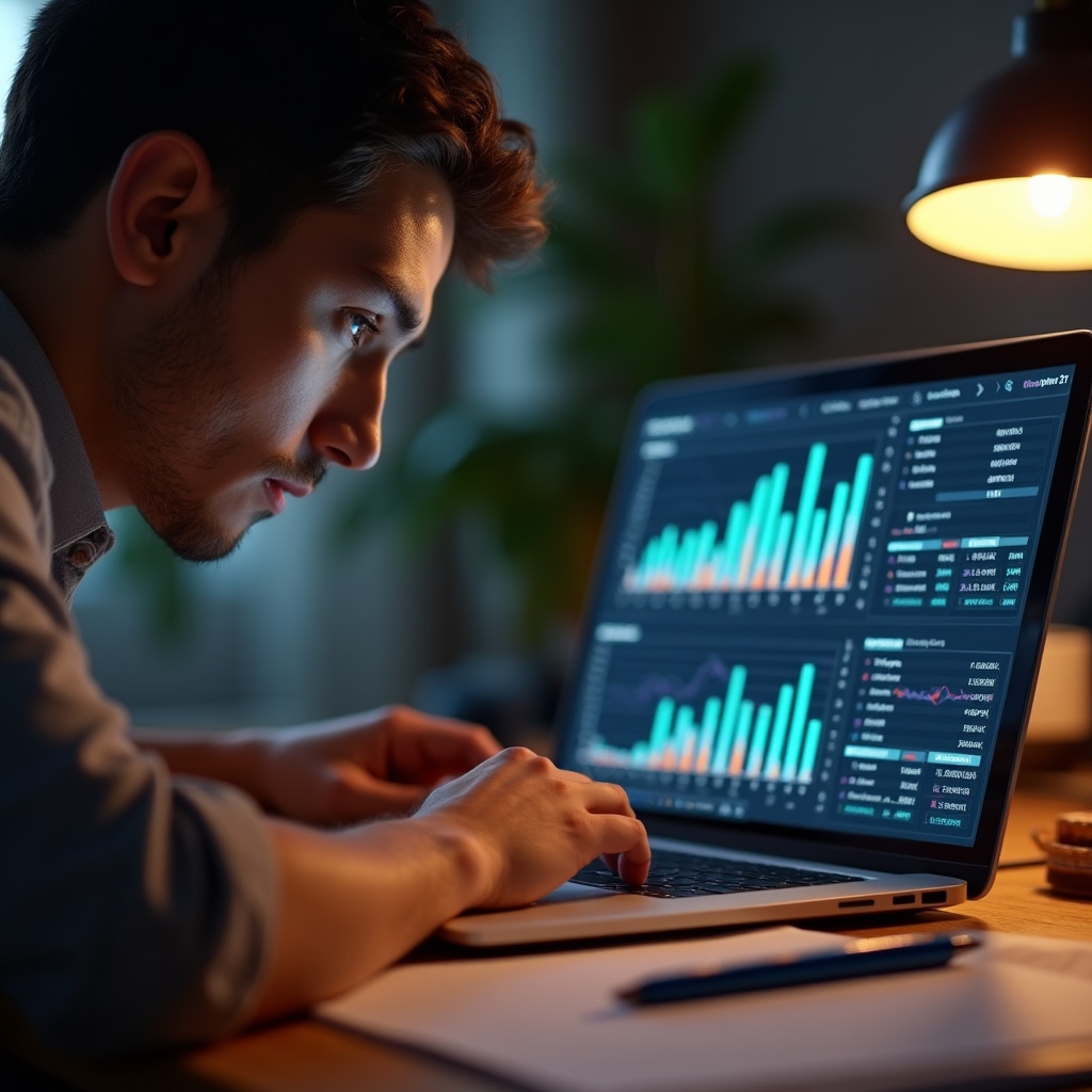 Financial charts and real estate market analysis on screen