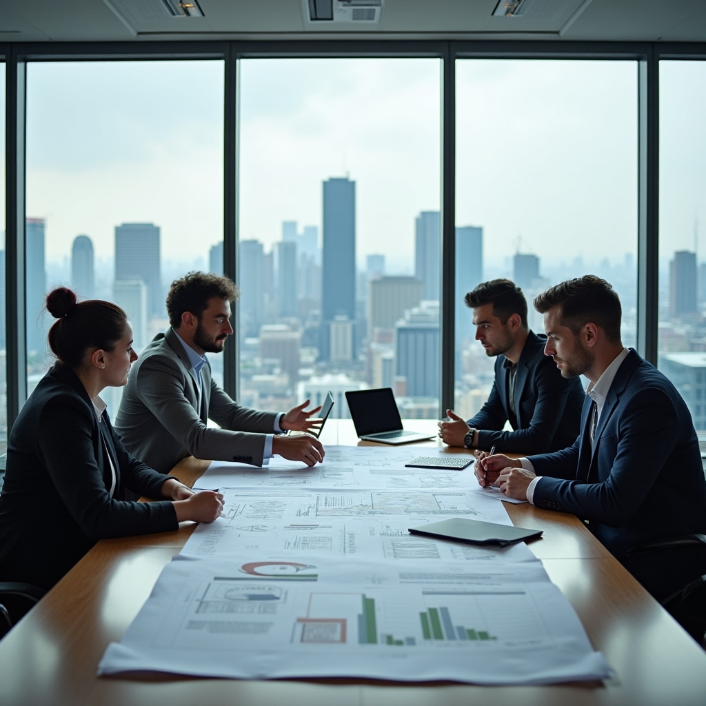 Group of professionals discussing real estate project documents around a conference table