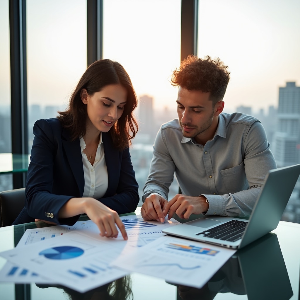 Young professionals studying financial documents together